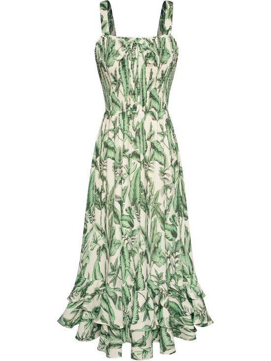 Dresses & Skirts - Women's Green Leaf Square Neck Strapped A LINE Floral Boho Long Maxi Dress